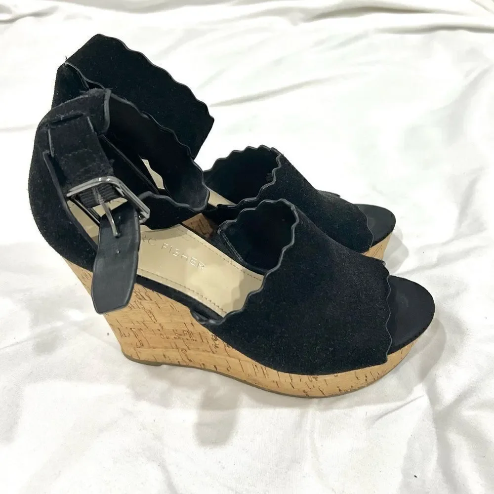 Marc Fisher black suede cork wedges sandals size 6M runs big